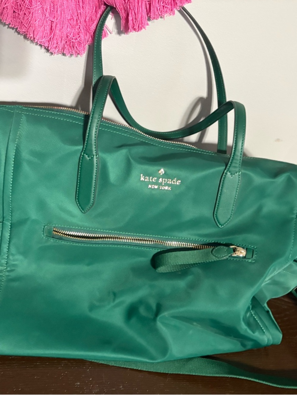 kate spade emerald green nylon tote with gold hardware